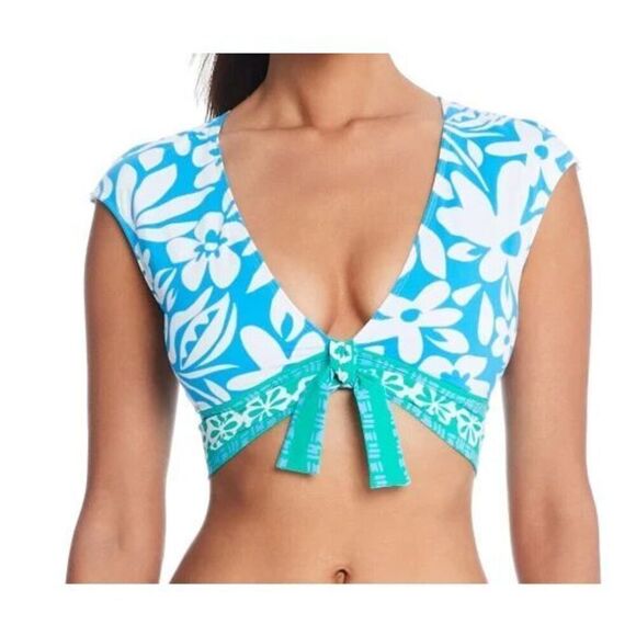 Bleu Rod Beatie Sz 14 Sun Day Fun Day Tie Front Cap Sleeve Crop Tankini Top - Picture 8 of 9